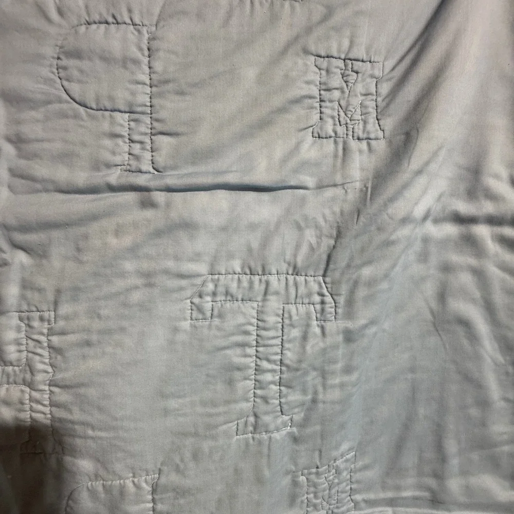 Vintage Handmade Baby Quilt Alphabet Toy Print White Blue Storybook Nursery